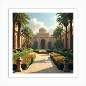 An Egyptian Garden With Colorful Flowers And Ancient Statues 1 Art Print