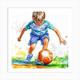 Watercolor Of A Boy Kicking A Soccer Ball Art Print