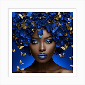 Beautiful African Woman With Blue Flowers Art Print