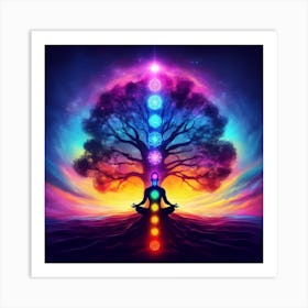 Silhouette of a man meditating under the tree of life Art Print