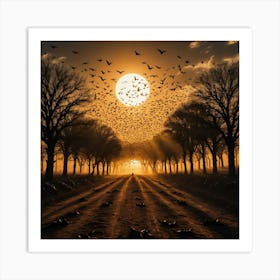 The Flight of Birds at Sunset, Their Shadows Cast Across the Earth as the Sun Dips Below the Horizon Póster