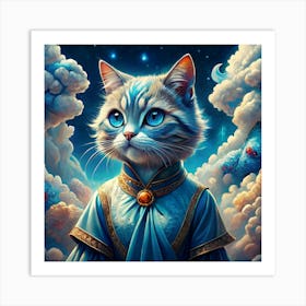 Cute Cat With Blue Eyes Wearing A Robe In A Starry Sky Art Print