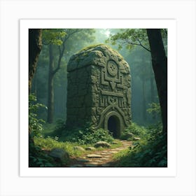 Ancient Runes Carved Into A Massive, Mystical Stone In An Overgrown Forest 1 Art Print