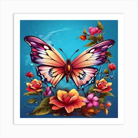 Butterfly And Flowers 1 Art Print