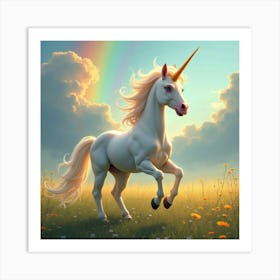 A Unicorn With A Shimmering Mane Prancing Through A Rainbow Field 1 Art Print