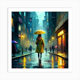 Woman Walking Alone On A Rainy City Street Art Print