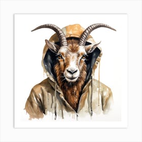 Watercolour Cartoon Markhor In A Hoodie Art Print