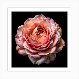 Pink Rose With Detailed Petals On Black Background Art Print