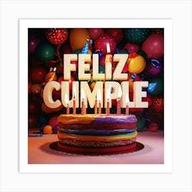 Feliz cumple and Feliz cumpleaños sign means Happy Birthday in Spanish language, Birthday party celebration gift with birthday cake candle colorful balloons best congratulation over light background wall artFeliz Cumple 28 Art Print