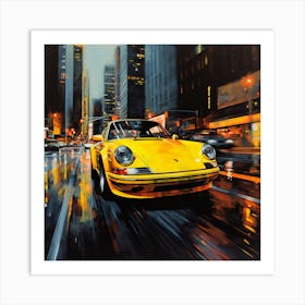 Yellow Porsche 911 At Night Art Print