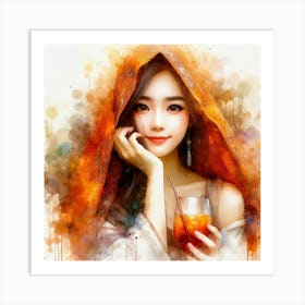 Asian Girl With Drink Art Print