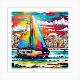Sailing Boat Docking Amidst Beach Delight Art Print