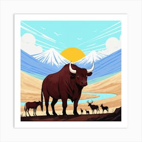 Bulls And Deer 2 Art Print