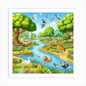 Cartoon Animals In The Park Art Print