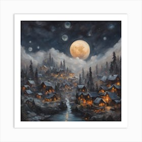 Full Moon In The Village Art Print
