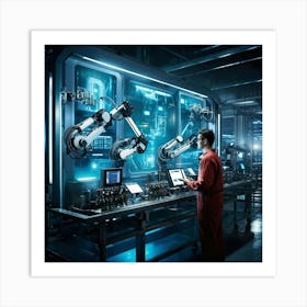 Cyber Industrial Interface Showcasing A Factory Manager Overseeing A High Tech Manufacturing Floor (5) Art Print