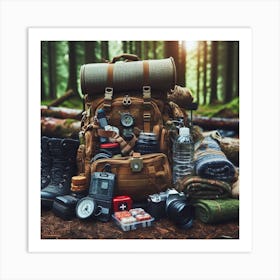 Backpack In The Woods Art Print