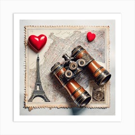 Firefly A Paris, France Vintage Travel Flatlay, Binoculars, Small Red Heart, Map, Stamp, Flight, Air Art Print