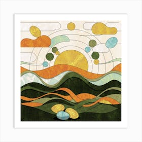 Straight and broken flowing lines and tree shapes, gold, sage, in the form of a tropical ocean. 2 Art Print