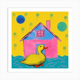 Duckling Outside A House Linocut Style 2 Art Print