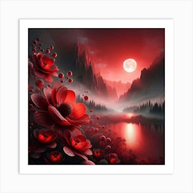 Red Flowers In The Moonlight Art Print