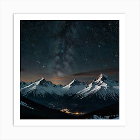 A Majestic Mountain Range With Snow Capped Peaks And A Clear, Starry Night Sky 1 Art Print