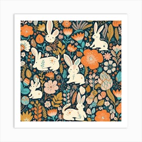 Seamless Pattern With Rabbits And Flowers Art Print