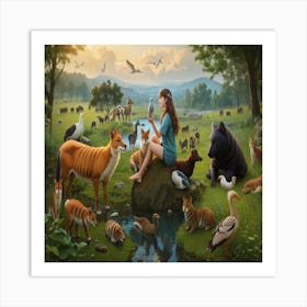 Girl And Animals Art Print