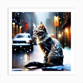 Cat In The Snow Art Print