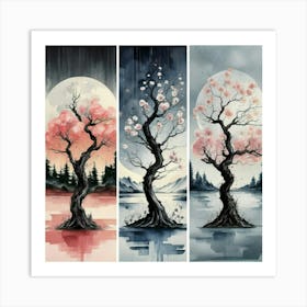 Three different palettes each containing cherries in spring, winter and fall 1 Art Print