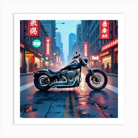 Chopper Bike On A Dynamic Urban Street With Neon Lights Watercolor 1 Art Print