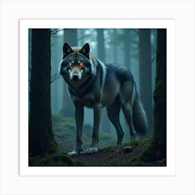 Giant Wolf With Glowing Eyes, Standing In An Enchanted Forest 1 Art Print