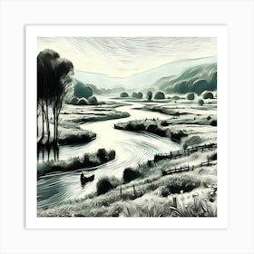 An Impressionist Illustration Depicts A River Winding Through A Meadow Featuring A Thick Black Outline 2 Art Print