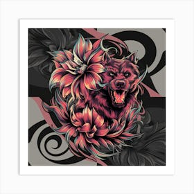 Wolf With Flowers Art Print