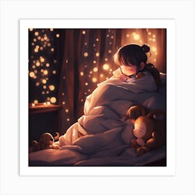 Anime Girl Sleeping In Bed Art Print