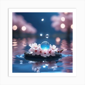 Mystical Water Droplets and Reflections of Cherry Blossom Art Print