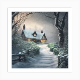 Cottage in a Frozen Winter Woodland Art Print