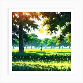 Girl Walking In A Green Field Art Print