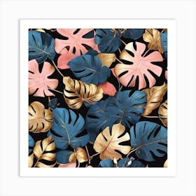 Golden and blue and pink leaves of Monstera 1 Art Print