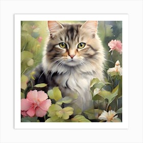 Cat In Flowers Art Print