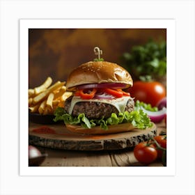 Hamburger On A Wooden Table Art Print