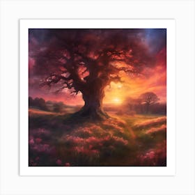 Old Oak in English Countryside at Sunset Art Print