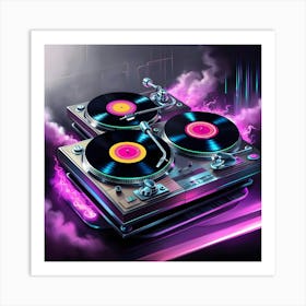 A Highly Detailed, Ultra High Resolution Illustration Of Two Vintage Turntables Spinning Vinyl Records, Blasting Vibrant, Neon Lit 80 S Music, Set Against A Moody, Smoky Background With Subtle Gradient Effects 1 Art Print