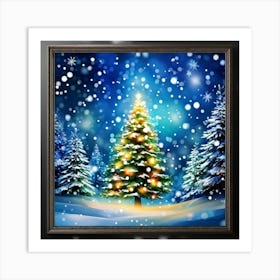 Abstract Digital Painting Of A Christmas Tree Branch Framed With Gently Falling Snowflakes Fir Tre Art Print