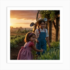 Two Little Girls In A Field Art Print