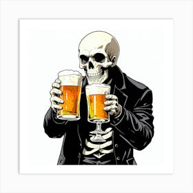 Skeleton Holding Beer Glasses Art Print