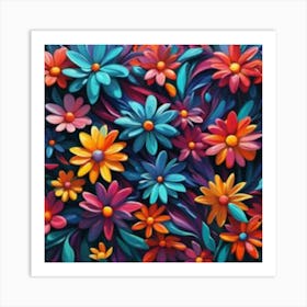 Colorful Flowers blue and orange and red Art Print