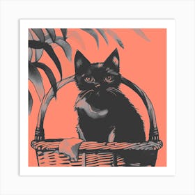 Black Kitty Cat In A Basket Peach 1 Art Print