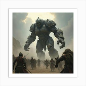 A Fierce, Armored Giant Battling A Horde Of Mythical Beasts 1 Art Print