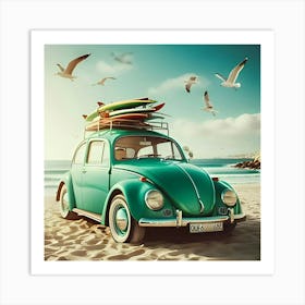 Green Vw Beetle On The Beach Front 2 Art Print